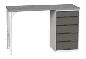 verso pedestal bench with 5 drawer 525W cab & lino worktop. WxDxH: 1500x600x930mm. RAL 7035/5010 or selected Verso Pedastal Benches with Drawer / Cupboard Unit
